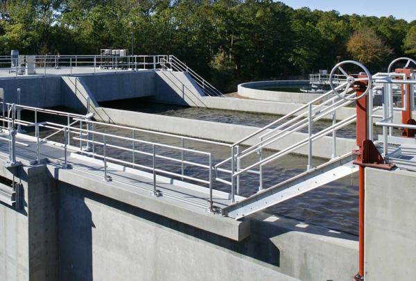 Large concrete water storage containers at Glynn County Water Pollution Control Plant